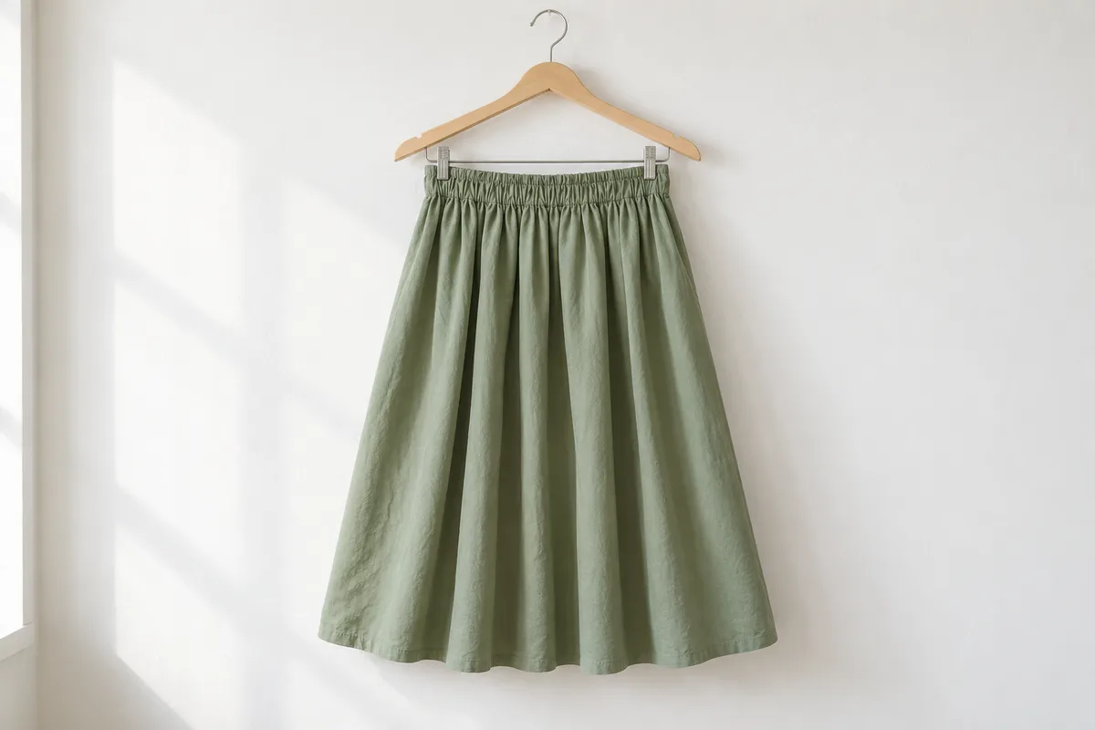 Jupe simple en coton vert sauge suspendue à un cintre en bois