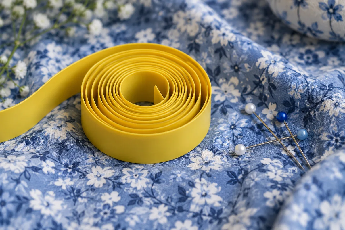 Mètre ruban souple jaune enroulé sur un coupon de viscose fleurie