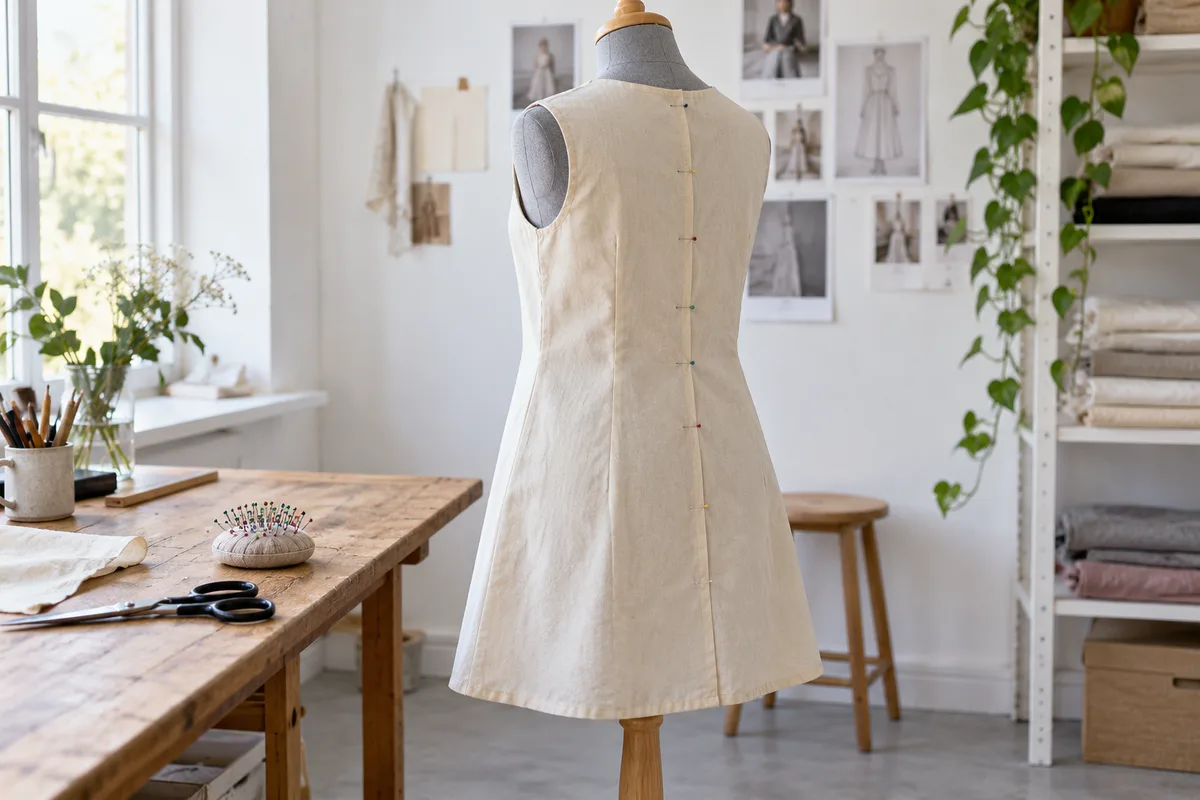 Toile d&rsquo;essai en coton écru épinglée sur un buste de couture