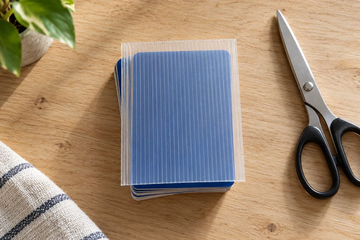 Rectangle de plastique translucide posé sur une pile de cartes à collectionner retournées