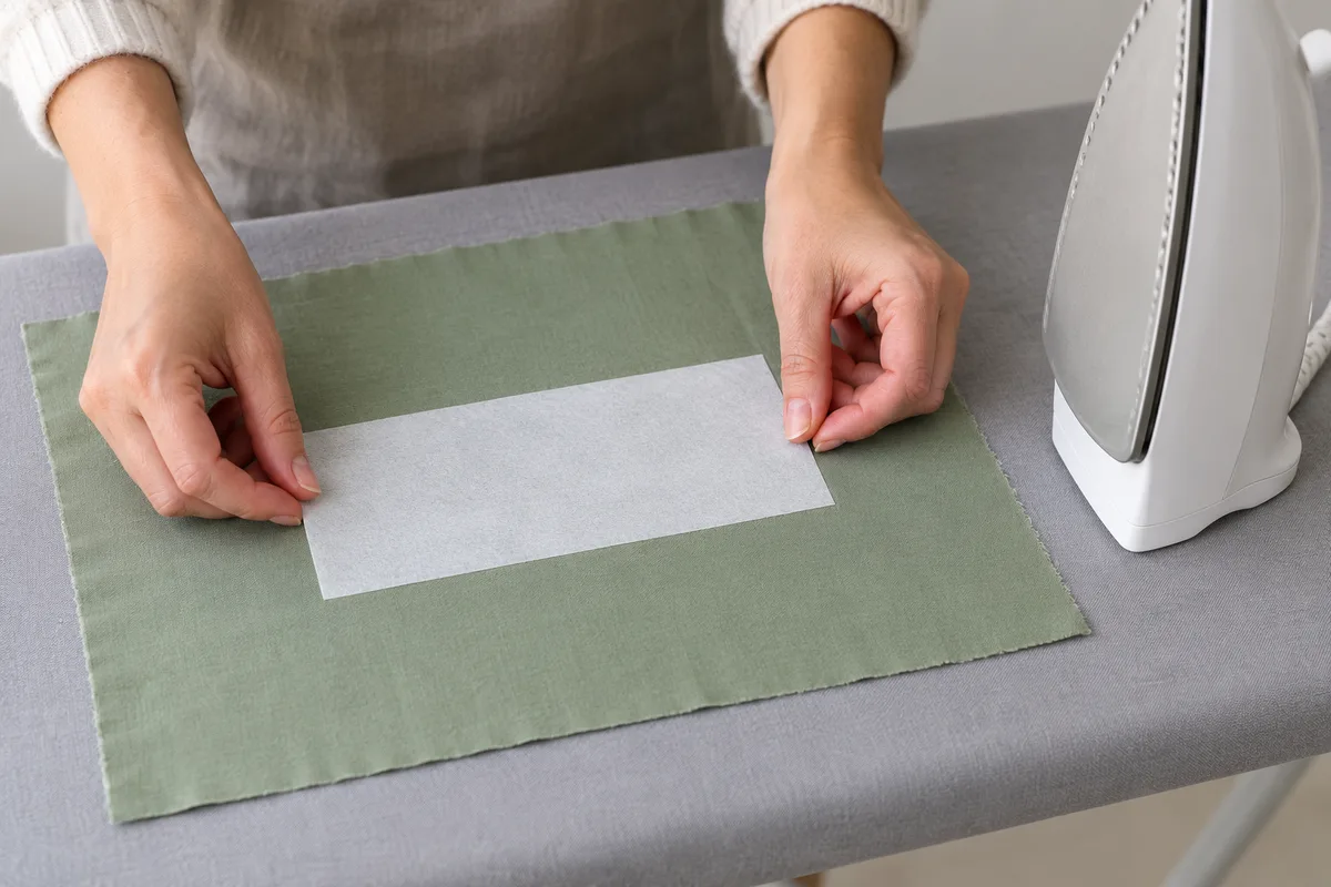 Mains posant un rectangle d’entoilage blanc sur un coupon de coton uni avant le repassage
