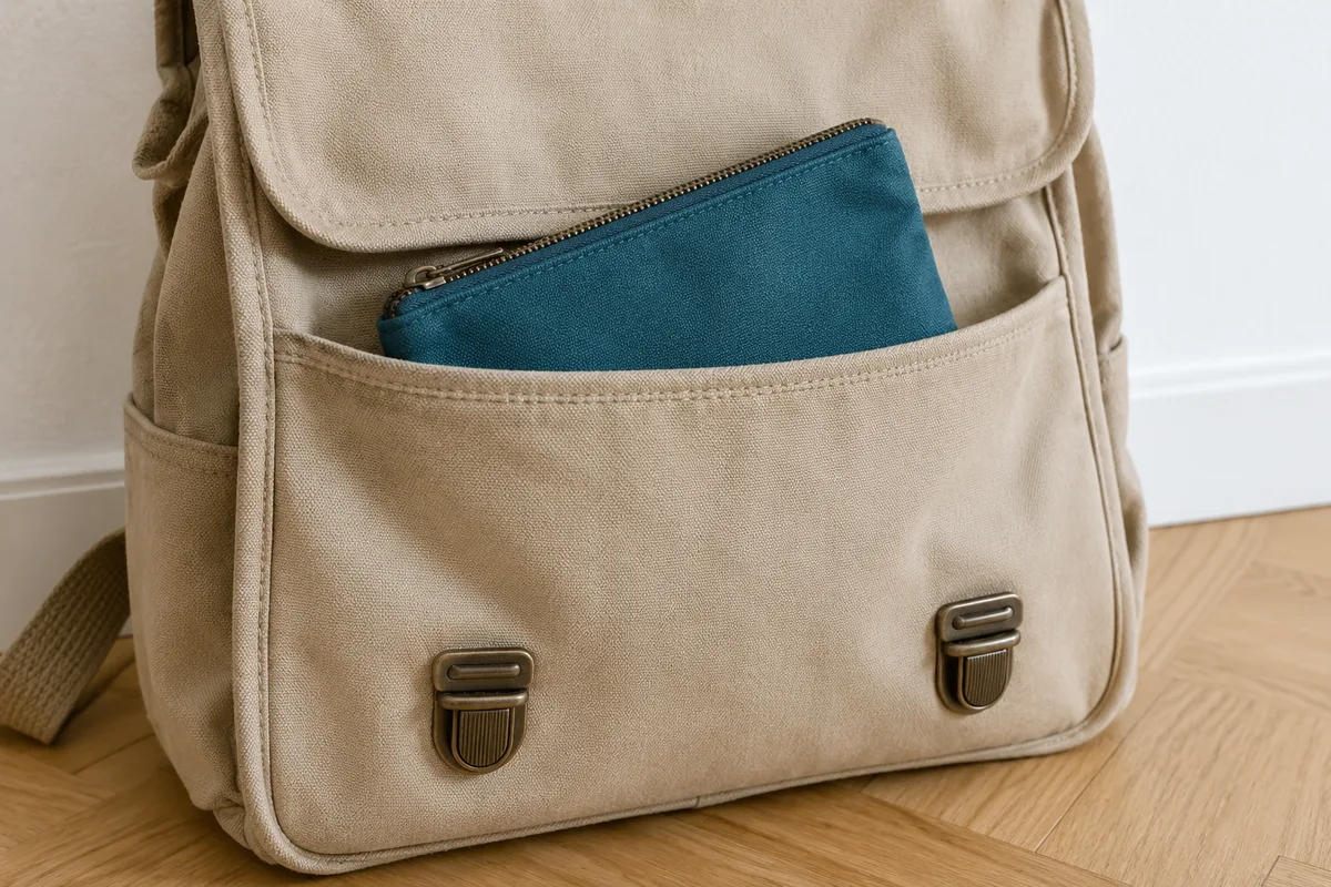 Pochette zippée en coton bleu glissée dans la poche avant d’un cartable d’enfant en toile