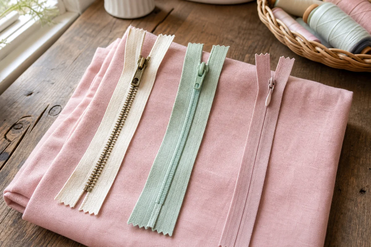 Trois fermetures éclair : métal, nylon moulé et invisible côte à côte sur tissu