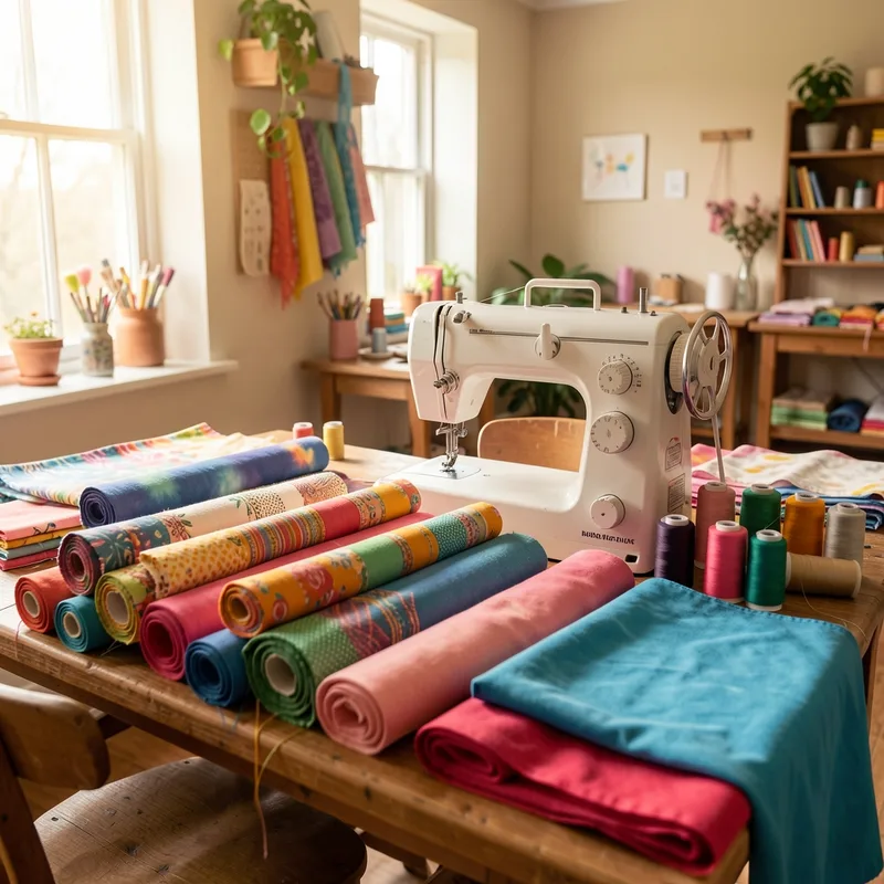 Atelier de couture avec coupons de tissus pliés, mètre ruban, ciseaux et machine à coudre